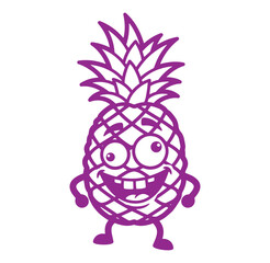Cheerful purple pineapple character smiling and waving isolated on white background