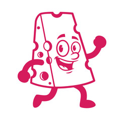 Cheerful smiling swiss cheese cartoon mascot running with joy on a white background