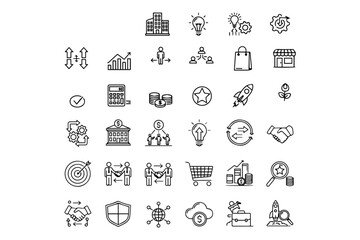 Minimalist Business Model line icons set with editable stroke, featuring suppl chain, building, innovation, trading, midleman, retail, cost structure, quality, start up. thin linear