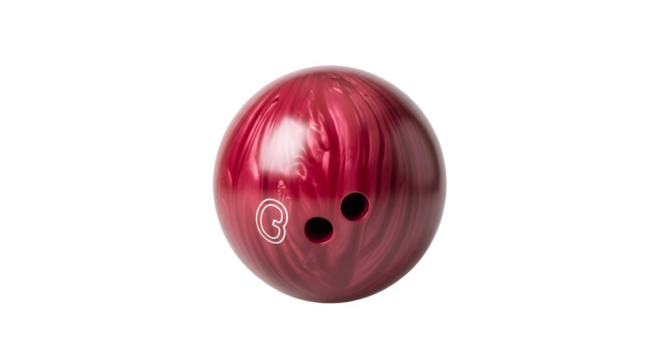 Red bowling ball with three finger holes on white background.