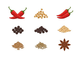 Grid of nine different spices including chilies peppercorns seeds and star anise
