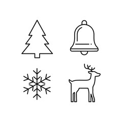 Merry Christmas holiday signs, festive winter celebration clip art. Iconic Xmas symbols tree, snowflake, decoration ornaments
