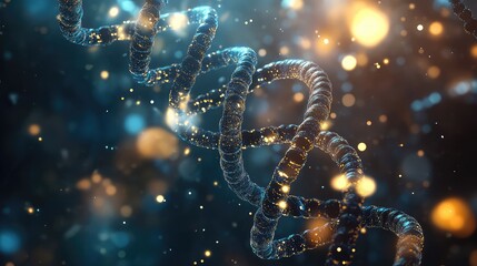 Dna double helix structure with glowing particles