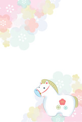 2026年令和八年午年年賀はがきテンプレート 和風な置物の白馬の梅の花背景フレーム縦置き