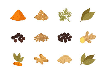 Twelve icons of spices arranged in a threebyfour grid on white