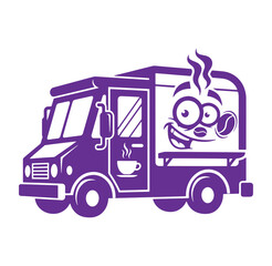 Fun purple coffee truck illustration with smiling face and coffee cup for branding
