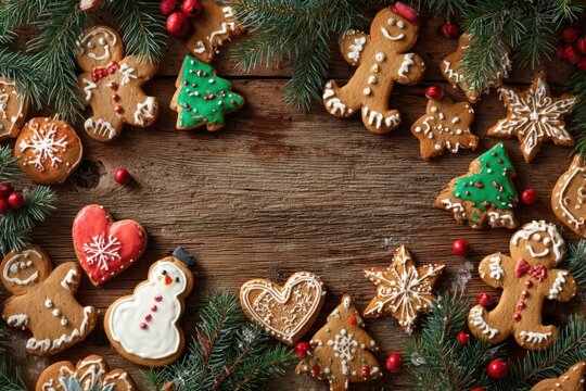 Festive christmas gingerbread cookies and evergreen branches arranged on a rustic wooden surface for the holidays