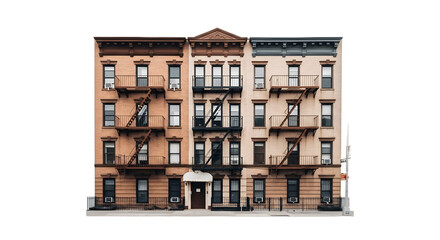 Row of classic urban apartment buildings with fire escapes isolated on white.