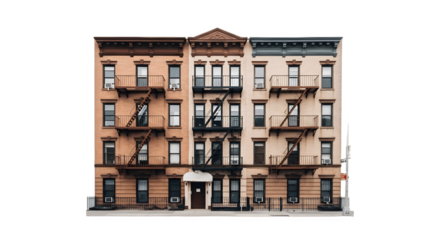 Row of classic urban apartment buildings with fire escapes isolated on white.