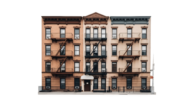 Row of classic urban apartment buildings with fire escapes isolated on white.
