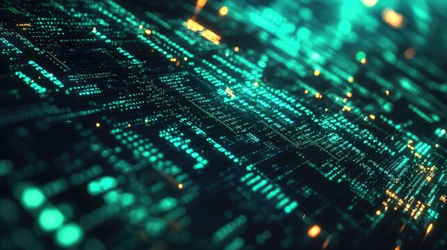 Green digital circuit board displaying data processing