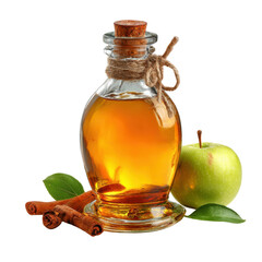 Glass bottle with amber liquid cinnamon sticks and green apple spice ingredient, Cut Out, Isolated On White Background, Png Transparent