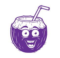 Happy cartoon coconut character with straw smiling and ready for a refreshing drink beverage