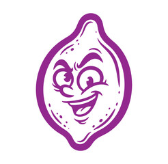Funny smiling purple lemon cartoon character with a mischievous and playful expression.