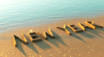 New Year text written in sand with shadow on beach shoreline
