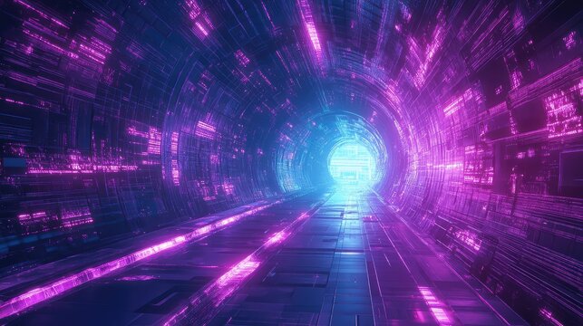 Futuristic digital tunnel with glowing neon light