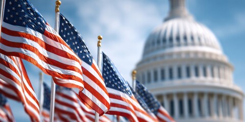 Front-facing view of the U.S. Capitol with American flags arranged in front, cinematic clarity revealing architectural detail and sense of unity, freedom, and pride.