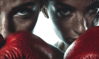 Two boxers, a man and a woman, stare intensely at the camera, their faces sweaty and determined, wearing red boxing gloves