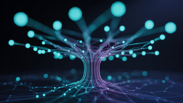 Abstract glowing network tree structure with interconnected nodes and light trails on dark background