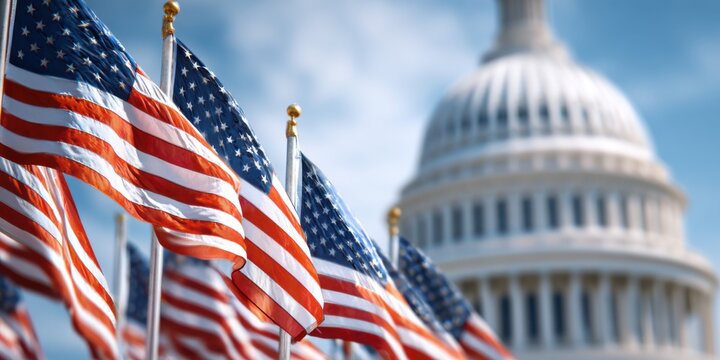 Front-facing view of the U.S. Capitol with American flags arranged in front, cinematic clarity revealing architectural detail and sense of unity, freedom, and pride.
