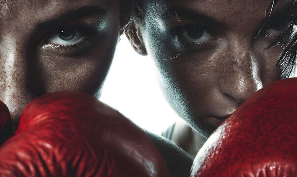 Two boxers, a man and a woman, stare intensely at the camera, their faces sweaty and determined, wearing red boxing gloves