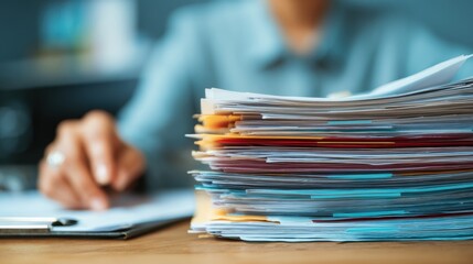 Close up view of a person's hand sorting through a large stack of documents and papers
