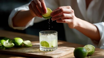 Barman skillfully squeezing fresh lime juice into a cocktail glass at a modern bar during the afternoon hours