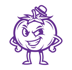 Smiling animated tomato character wearing a bowler hat with arms akimbo wink in purple