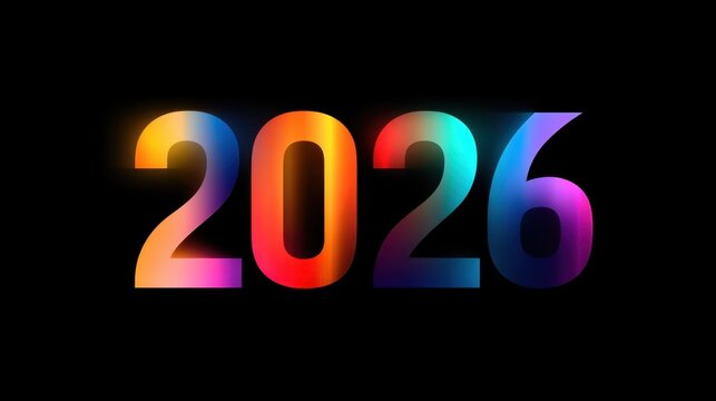The year 2026 displayed with a vibrant glowing multicolor gradient on a black background