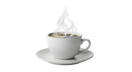 Steaming hot beverage in a white ceramic cup and saucer.