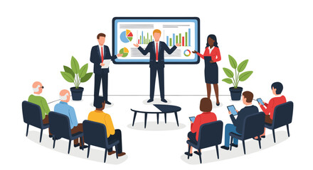 Dynamic Business Presentation Illustrating Data Analysis and Strategic Growth for Engaged Audience in Modern Corporate Meeting Setting