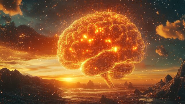 Digital brain illuminating cosmic landscape at sunset