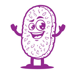 Smiling happy cartoon character illustration depicting a purple tempeh food mascot with raised arms