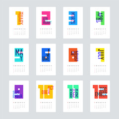 Set of 12 monthly 2026 calendar template with colorful overprint typographic modern futuristic style