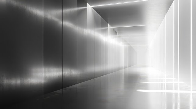 Futuristic long corridor with bright glowing light
