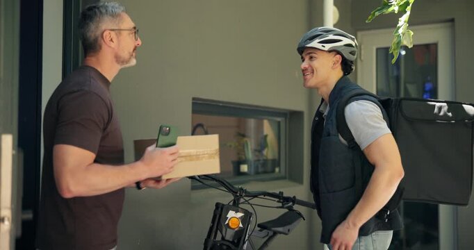 Man, courier and signature with phone at front door for box, invoice or happy with ecommerce order. Mature person, delivery and smartphone with mobile app, package and bicycle for transport at house