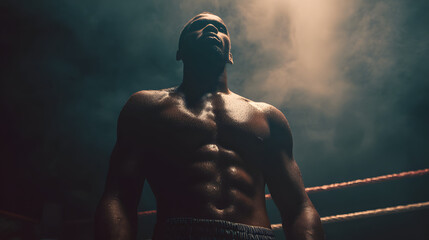 Silhouette of a powerfully built boxer in a boxing ring, his muscular physique highlighted by intense, smoky overhead lighting, exuding strength
