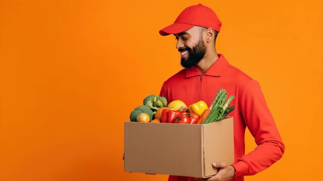 Grocery delivery courier man in bright red uniform happily holds a box of fresh vegetables and fruits against a vibrant orange background