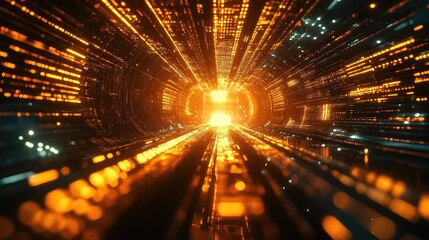 Digital data flowing through abstract futuristic tunnel