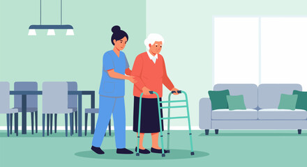 A compassionate nurse provides support to an elderly woman using a walker, illustrating home healthcare, assisted living, and geriatric care services
