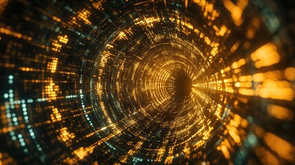 Digital data flowing through abstract illuminated tunnel