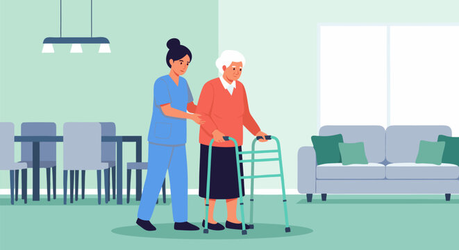 A compassionate nurse provides support to an elderly woman using a walker, illustrating home healthcare, assisted living, and geriatric care services