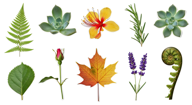 Collection of Diverse Green Leaves and Colorful Flowers Isolated on a White Background - Powered by Adobe