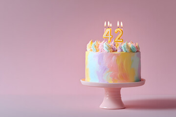 A festive birthday cake with lit candles displaying the number 42, set against a soft pink background, perfect for celebrating a milestone anniversary