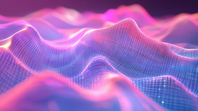 Digital landscape with glowing wireframe mesh technology waves
