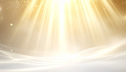A divine spectacle of golden light rays shining down on a soft, ethereal white surface with sparkling particles