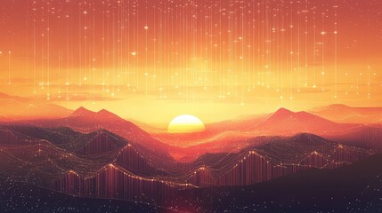 Digital data flowing over abstract mountain sunset landscape