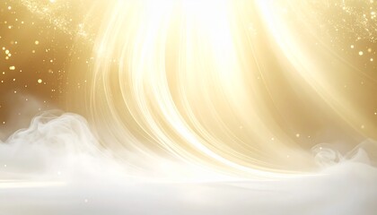 Ethereal background featuring divine golden light beams descending from the heavens onto a soft, celestial cloudscape with sparkling effects