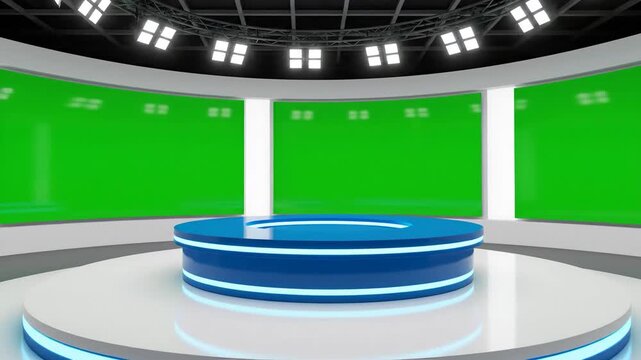 Virtual studio with a green screen background and a circular podium, ideal for news broadcasts or digital content creation