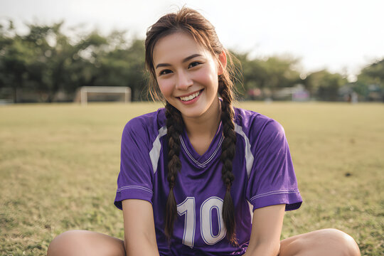 Young asian woman with braided hair, wearing a purple soccer jersey with the number 10, smiling happily while sitting on a grassy field